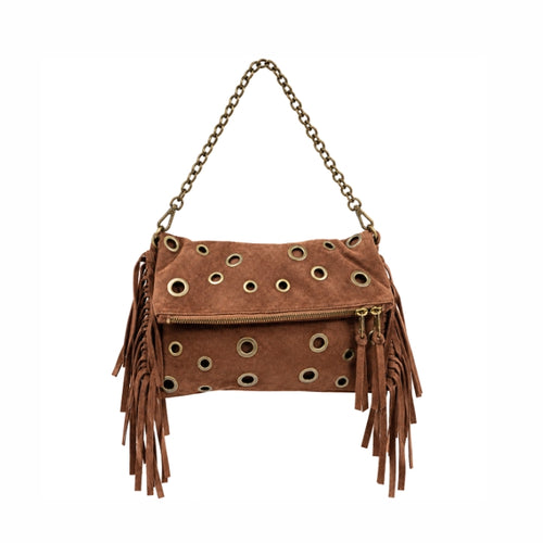 Beta.B - Borsa Texas | Scamosciata con Frange, Borchie ad Anello e Tracolla a Catena