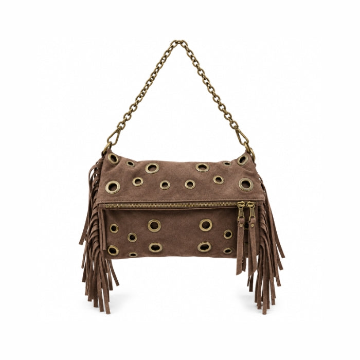 Beta.B - Borsa Texas | Scamosciata con Frange, Borchie ad Anello e Tracolla a Catena
