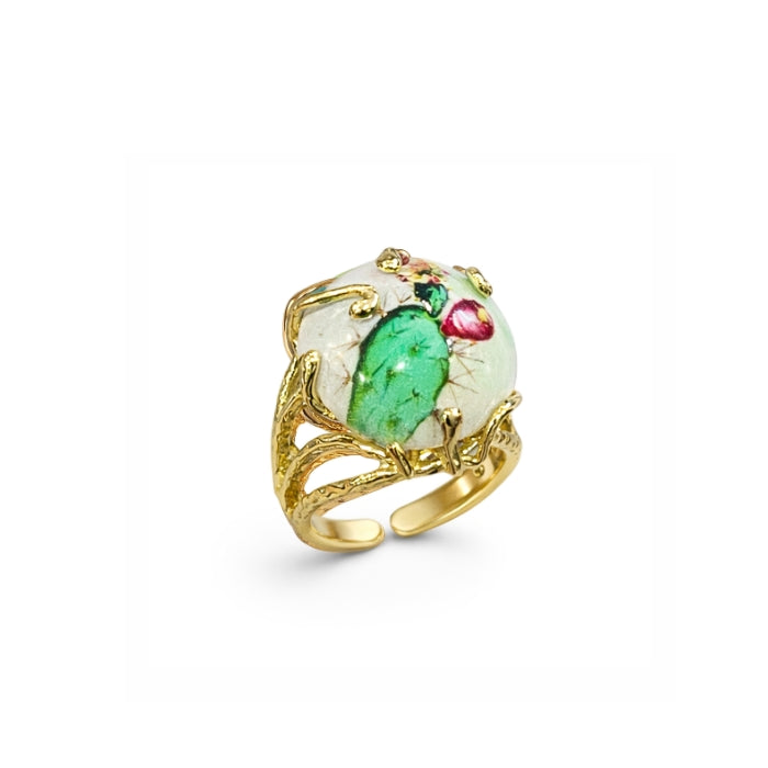 Cartoleria 4+1 - Bijoux - Anello Artigianale Cactus Smaltato - Regolabile | Ceramica e Ottone