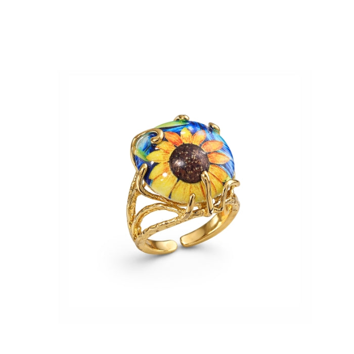 Cartoleria 4+1 - Bijoux - Anello Artigianale Girasole Smaltato - Regolabile | Ceramica e Ottone