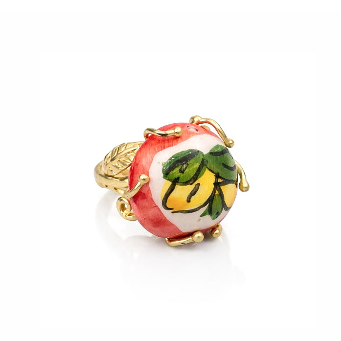 Cartoleria 4+1 - Bijoux - Anello Artigianale Limoni Fondo Rosso - Regolabile | Ceramica e Ottone