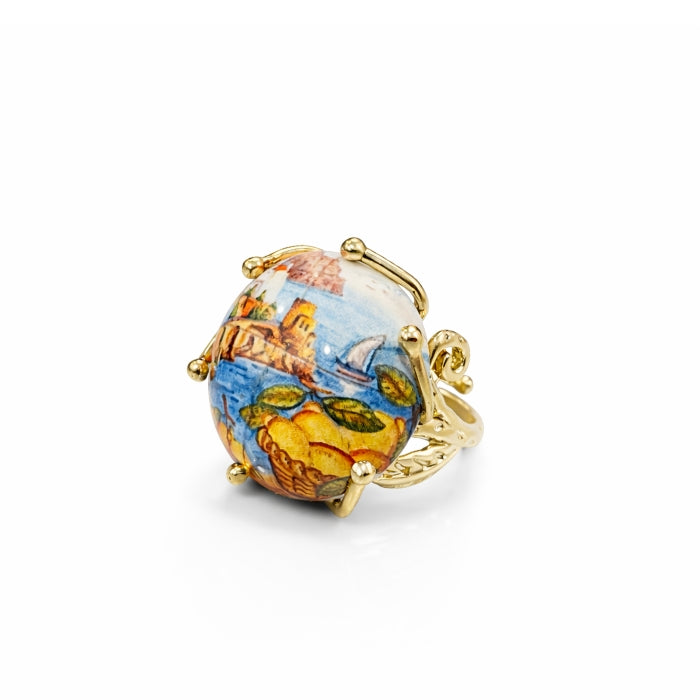 Cartoleria 4+1 - Bijoux - Anello Artigianale Paesaggio Mediterraneo - Regolabile | Ceramica e Ottone