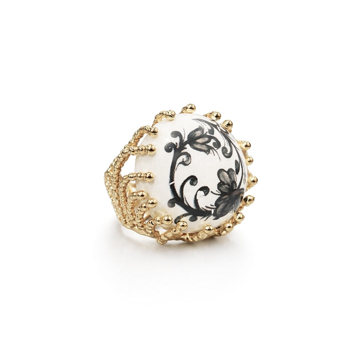 Cartoleria 4+1 - Bijoux - Anello Artigianale Reale Floreale Nero - Regolabile | Ceramica e Ottone