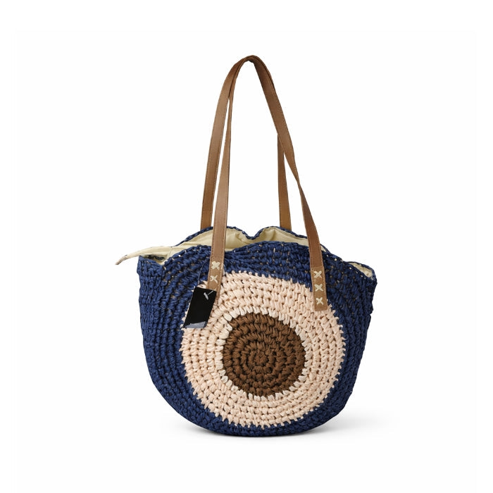 Cartoleria 4+1 - Borsa A Spalla - Paglia Intrecciata con Motivo Circolare | Stile Estivo Casual Chic