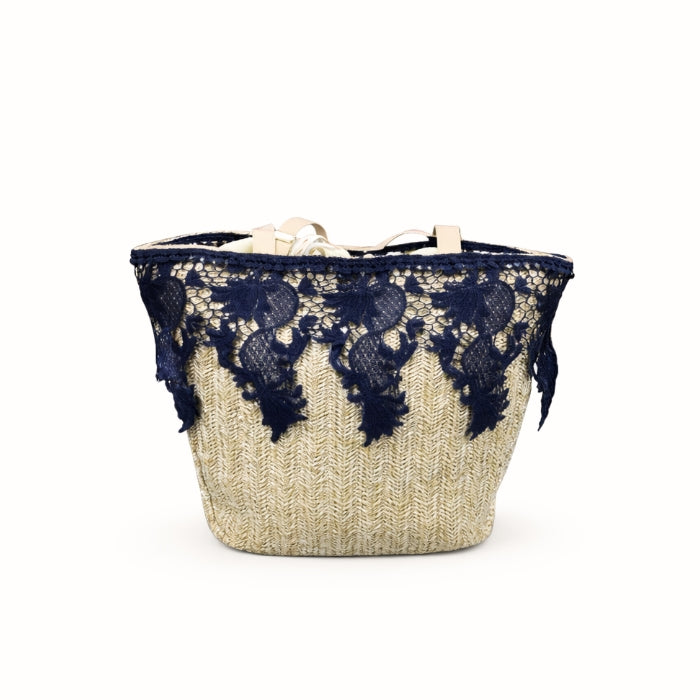 Cartoleria 4+1 - Borsa A Spalla - Raffia con Pizzo Blu | Stile Estivo Elegante