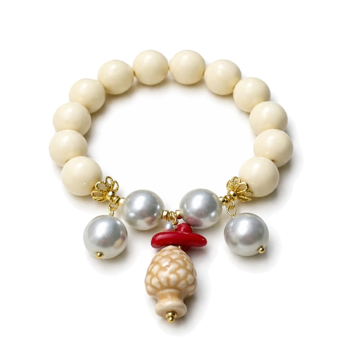 Cartoleria 4+1 - Bracciale Artigianale Perle Avorio con Pigna Siciliana e Perle Grigie | Elastico - Gioiello Elegante - Made in Italy