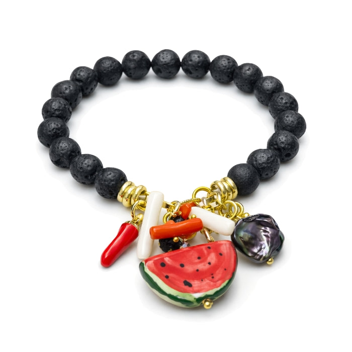 Cartoleria 4+1 - Bracciale Artigianale Pietra Lavica con Ciondoli Anguria e Corallo | Elastico - Stile Estivo Mediterraneo