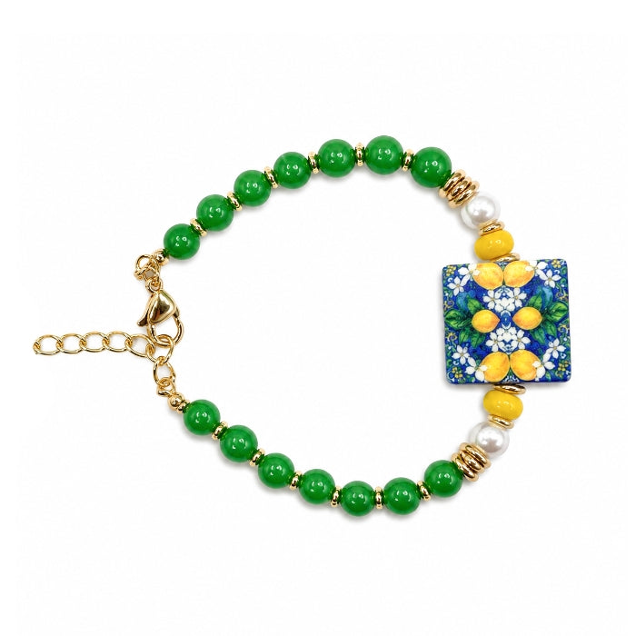 Cartoleria 4+1 - Bracciale Artigianale Verde con Maiolica Siciliana e Perle | Gioiello Made in Italy