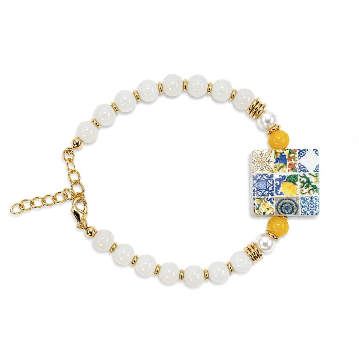 Cartoleria 4+1 - Bracciale Bianco con Maiolica Siciliana e Dettagli Dorati | Gioiello Artigianale Elegante Donna