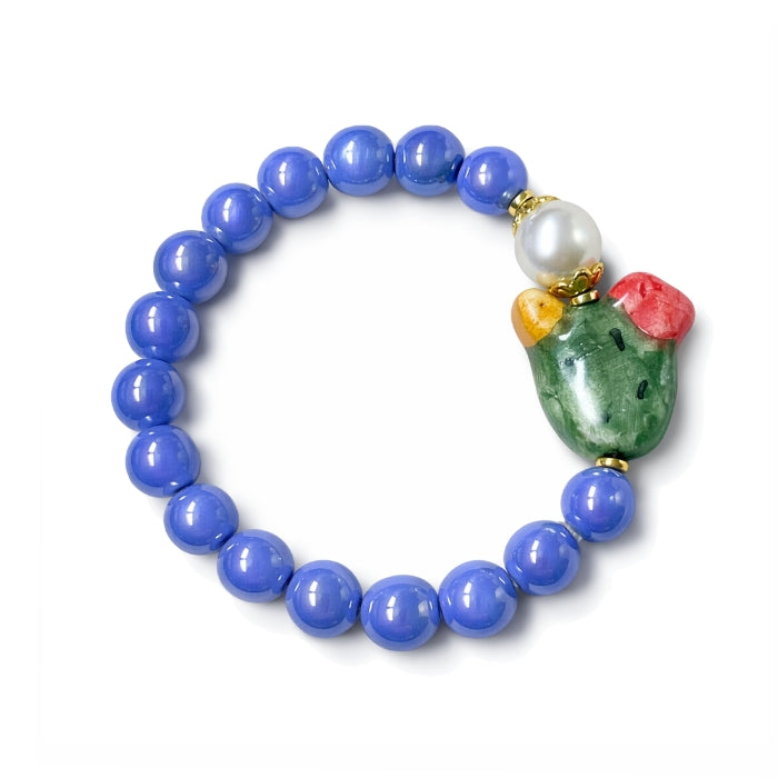 Cartoleria 4+1 - Bracciale Blu con Fico d'India Siciliano | Elasticizzato con Perle - Charm Ceramica