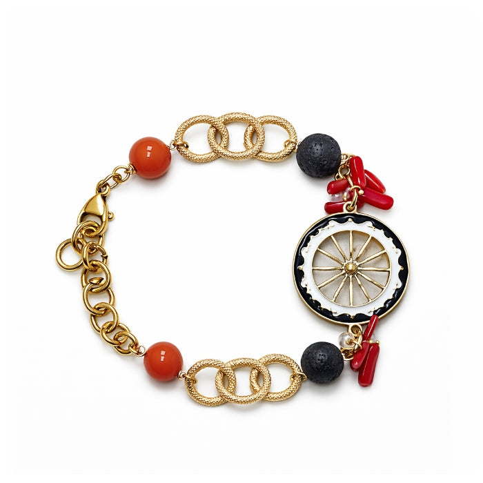 Cartoleria 4+1 - Bracciale Catena Dorata con Carretto Siciliano e Corallo | Gioiello Donna Elegante