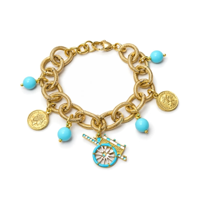 Cartoleria 4+1 - Bracciale Catena Dorata con Carretto Siciliano e Sfere Turchesi | Gioiello Elegante Donna
