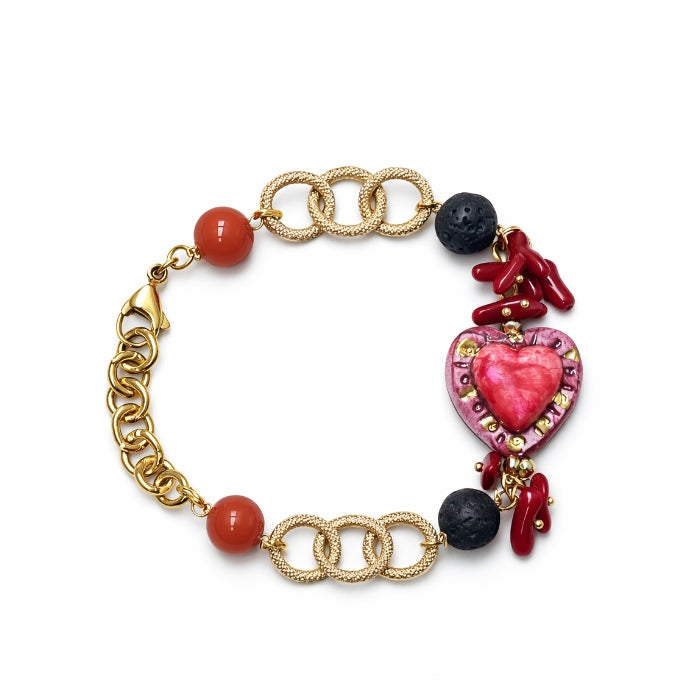 Cartoleria 4+1 - Bracciale Catena Dorata con Cuore Sacro e Corallo | Gioiello Siciliano Donna Elegante