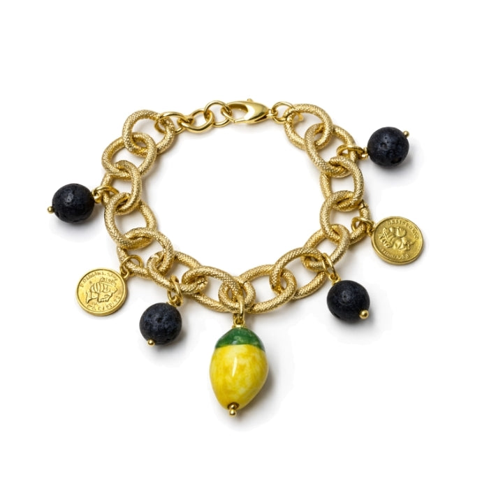 Cartoleria 4+1 - Bracciale Catena Dorata con Limone Siciliano, Monete e Pietre Nere | Gioiello Donna