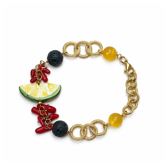 Cartoleria 4+1 - Bracciale Catena Dorata con Limone Siciliano e Corallo | Gioiello Donna Elegante Mediterraneo