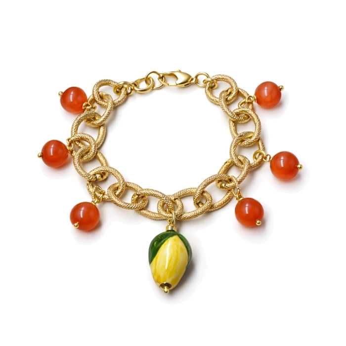 Cartoleria 4+1 - Bracciale Catena Dorata con Limone Siciliano e Sfere Effetto Corallo | Gioiello Donna Elegante