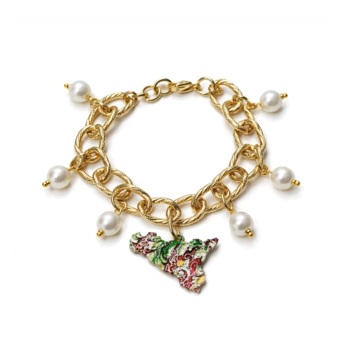 Cartoleria 4+1 - Bracciale Catena Dorata con Sicilia Smaltata e Perle | Gioiello Elegante Stile Siciliano