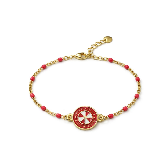 Cartoleria 4+1 - Bracciale Catena Oro con Perle Effetto Corallo Rosso e Ciondolo Maiolica Siciliana | Acciaio Regolabile