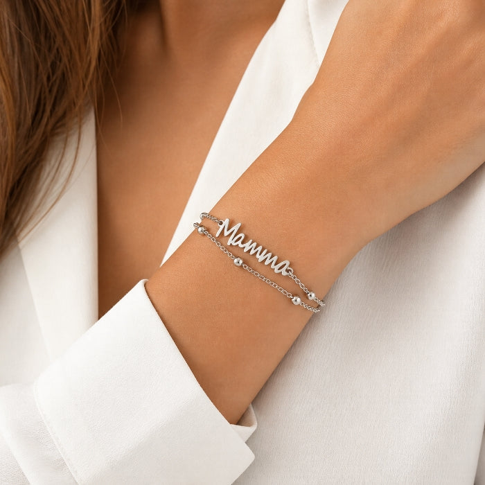 Cartoleria 4+1 - Bracciale Donna Acciaio "Mamma" | Doppia Catena con Sfere Regolabile