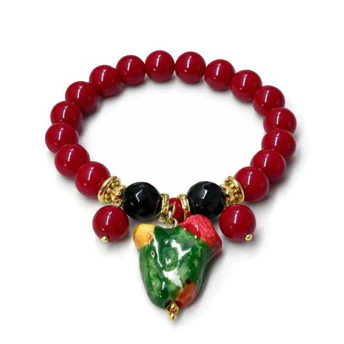 Cartoleria 4+1 - Bracciale Elastico Rosso con Pala di Fico d'India Siciliana | Gioiello Artigianale con Perle e Dettagli Dorati