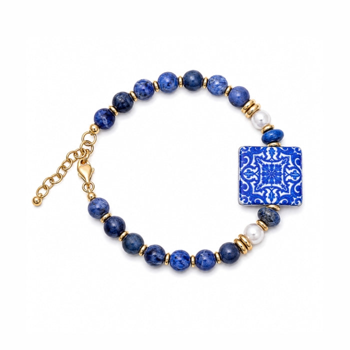 Cartoleria 4+1 - Bracciale Maiolica Blu con Perle Decorative e Dettagli Oro | Stile Mediterraneo Elegante