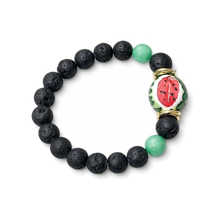 Cartoleria 4+1 - Bracciale Pietra Lavica con Anguria | Elasticizzato - Charm Ceramica Artigianale