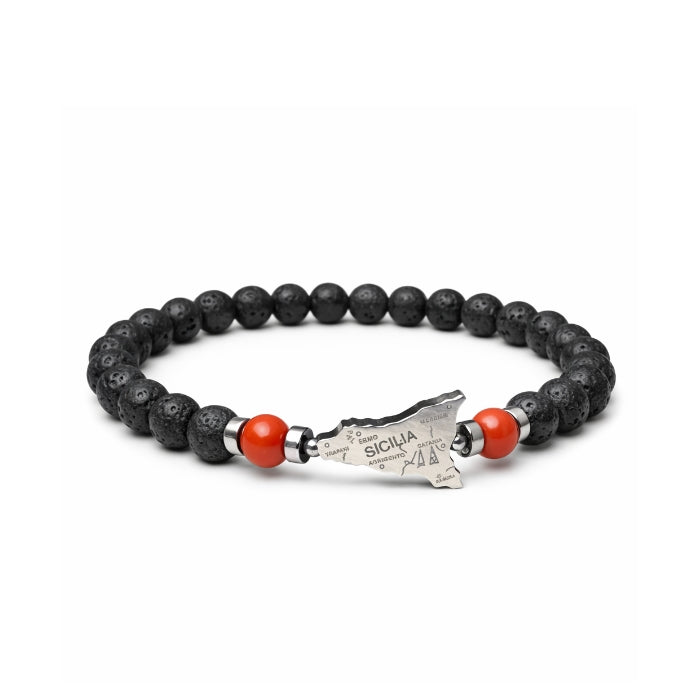 Cartoleria 4+1 - Bracciale Pietra Lavica con Ciondolo Sicilia Inciso in Acciaio e Dettagli Arancioni | Elasticizzato Unisex