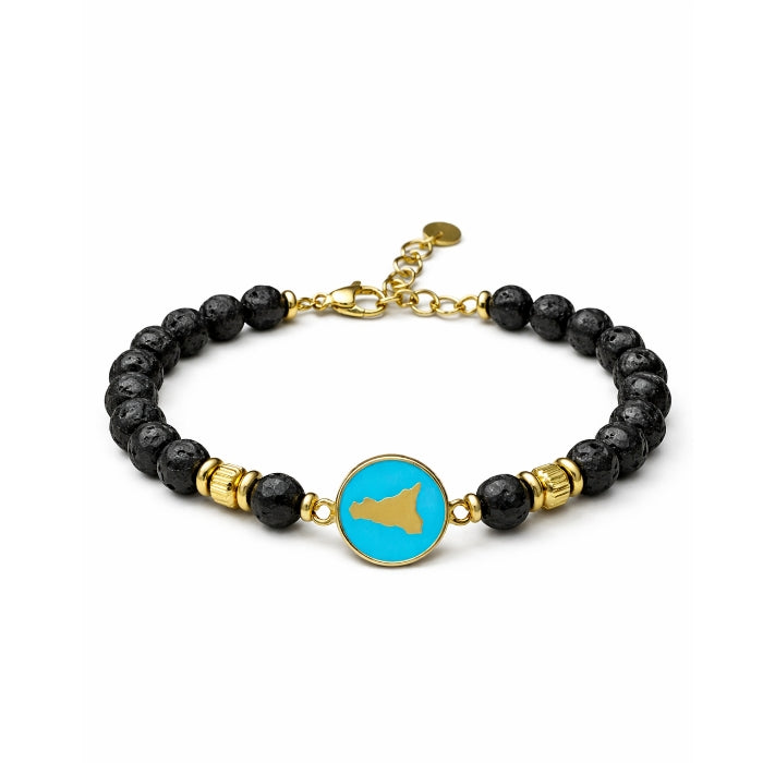 Cartoleria 4+1 - Bracciale Pietra Lavica con Ciondolo Sicilia Smaltato Turchese | Acciaio Oro Regolabile - Unisex