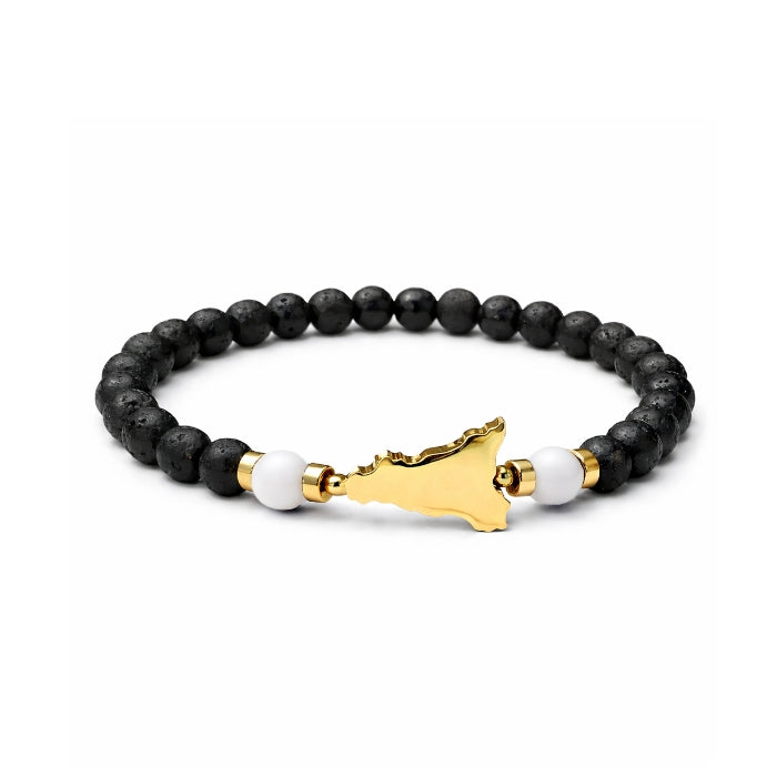 Cartoleria 4+1 - Bracciale Pietra Lavica con Ciondolo Sicilia in Acciaio Oro e Dettagli Colorati | Elasticizzato Unisex