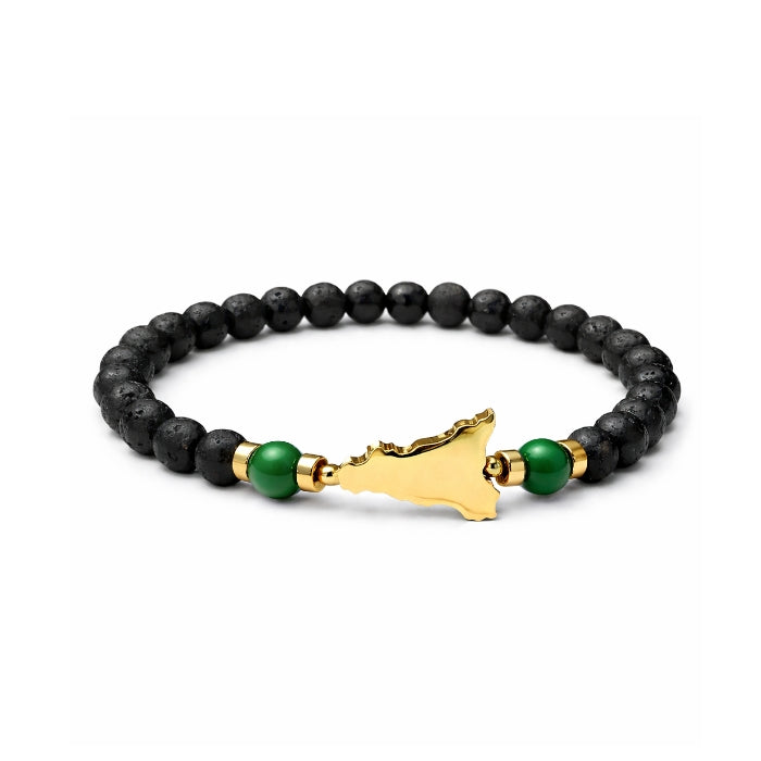 Cartoleria 4+1 - Bracciale Pietra Lavica con Ciondolo Sicilia in Acciaio Oro e Dettagli Colorati | Elasticizzato Unisex