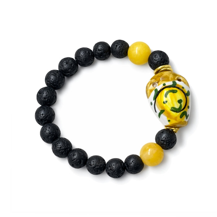 Cartoleria 4+1 - Bracciale Pietra Lavica con Limone Siciliano | Elasticizzato - Charm Ceramica Artigianale