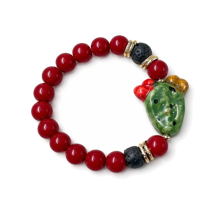 Cartoleria 4+1 - Bracciale Rosso con Fico d'India Siciliano | Elasticizzato con Perle - Ceramica Artigianale