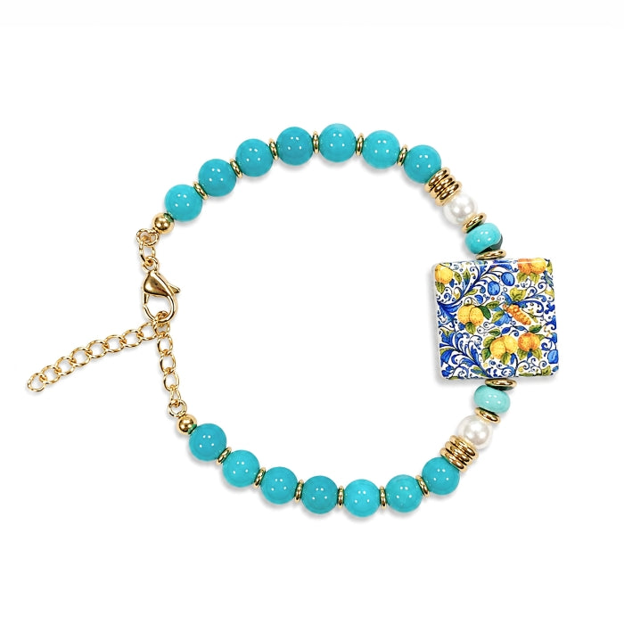Cartoleria 4+1 - Bracciale Turchese con Maiolica Siciliana e Perle | Gioiello Artigianale Elegante