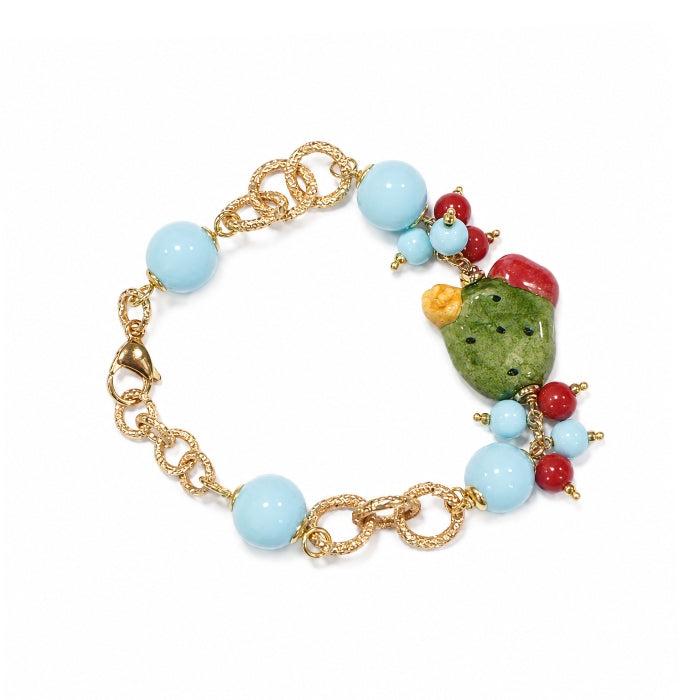 Cartoleria 4+1 - Bracciale con Pala di Fico d’India e Perle Colorate - Catena Dorata con Sfere Decorative | Gioiello Artigianale Siciliano