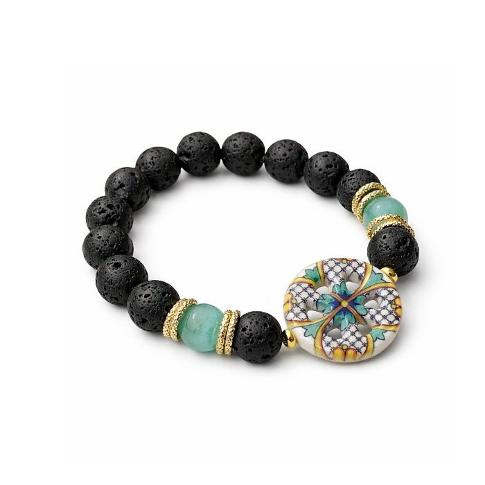 Cartoleria 4+1 - Bracciale in Pietra Lavica con Ruota Siciliana in Ceramica - Decorata con Pietra Colorata | Elasticizzato - Artigianale