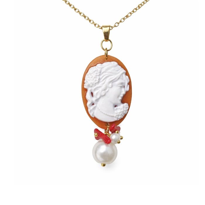 Cartoleria 4+1 - Collana Cammeo in Ceramica Decorata con Perla | Ciondolo Artigianale Elegante con Catena Oro