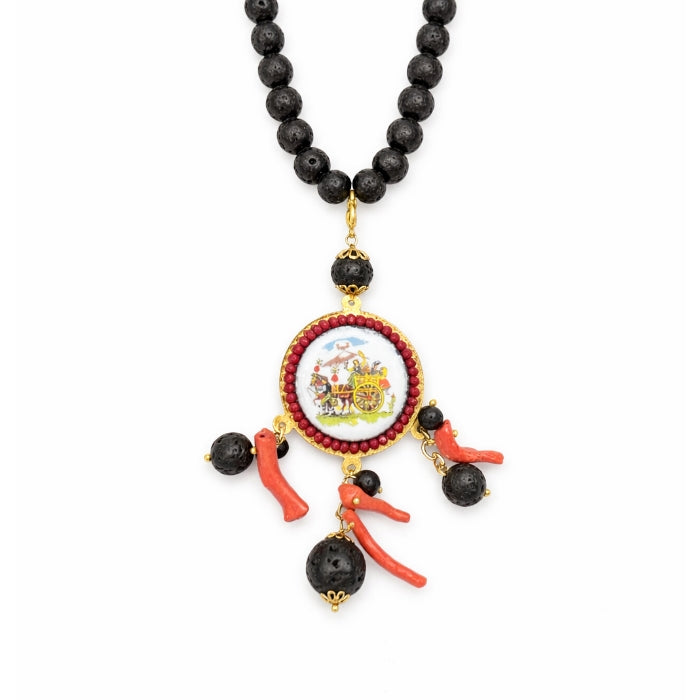Cartoleria 4+1 - Collana Carretto Siciliano in Ceramica con Pietra Lavica e Corallo | Gioiello Artigianale Elegante Oro