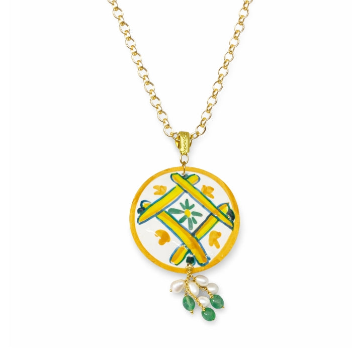 Cartoleria 4+1 - Collana Ceramica Siciliana Decorata con Catena Oro e Perle | Ciondolo Artigianale Elegante