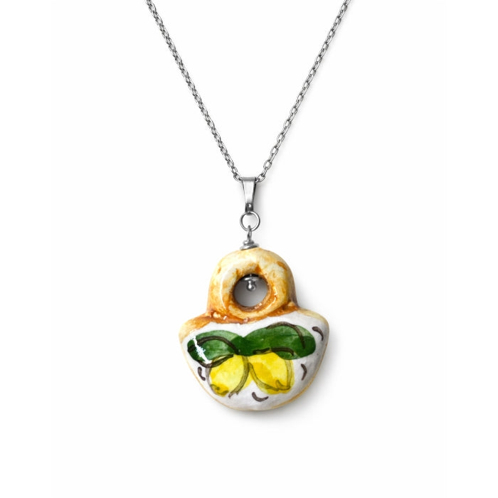 Cartoleria 4+1 - Collana Cestino Siciliano in Ceramica Decorata | Ciondolo Artigianale con Limoni e Catena Argento