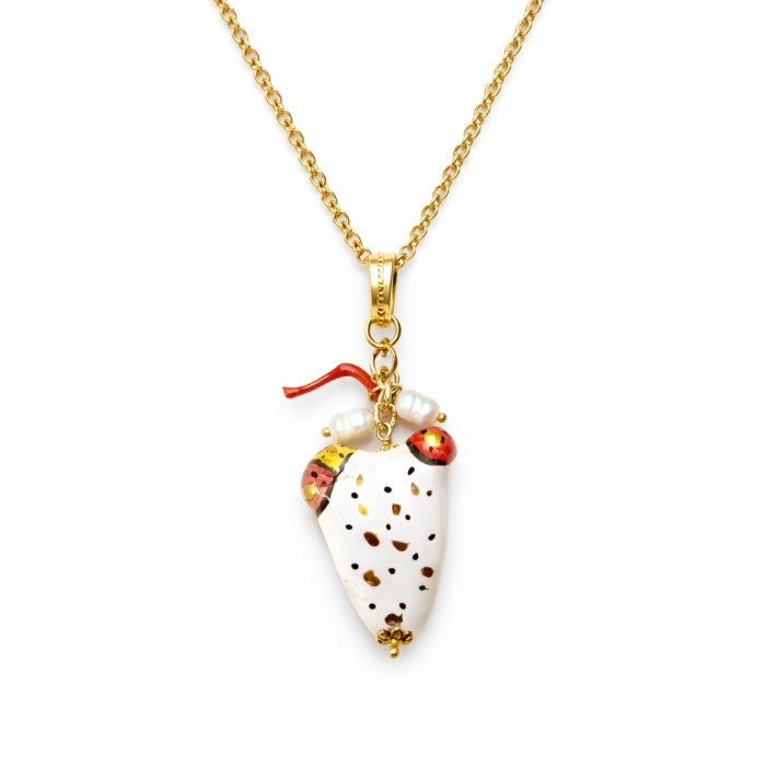 Cartoleria 4+1 - Collana Corno Siciliano in Ceramica Decorata | Ciondolo Portafortuna Artigianale con Perle e Catena Oro
