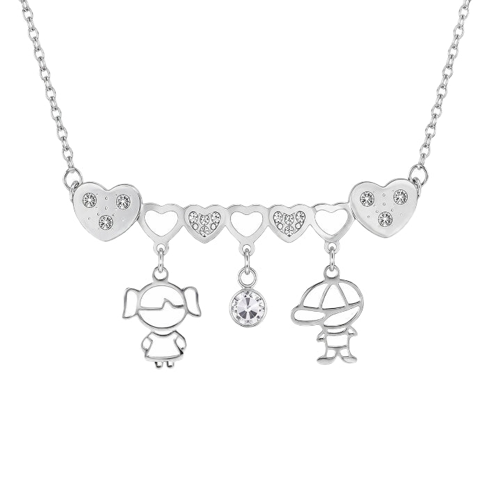 Cartoleria 4+1 - Collana Donna Cuori con Charms Bambini Argento | Acciaio con Zirconi | Idea Regalo Mamma