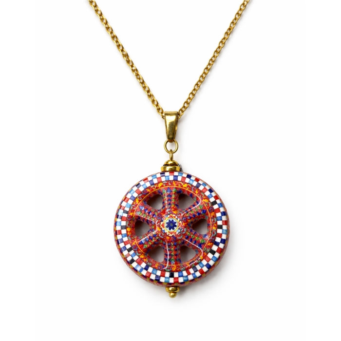 Cartoleria 4+1 - Collana Ruota Carretto Siciliano in Ceramica Decorata | Ciondolo Artigianale Maiolica con Catena Oro