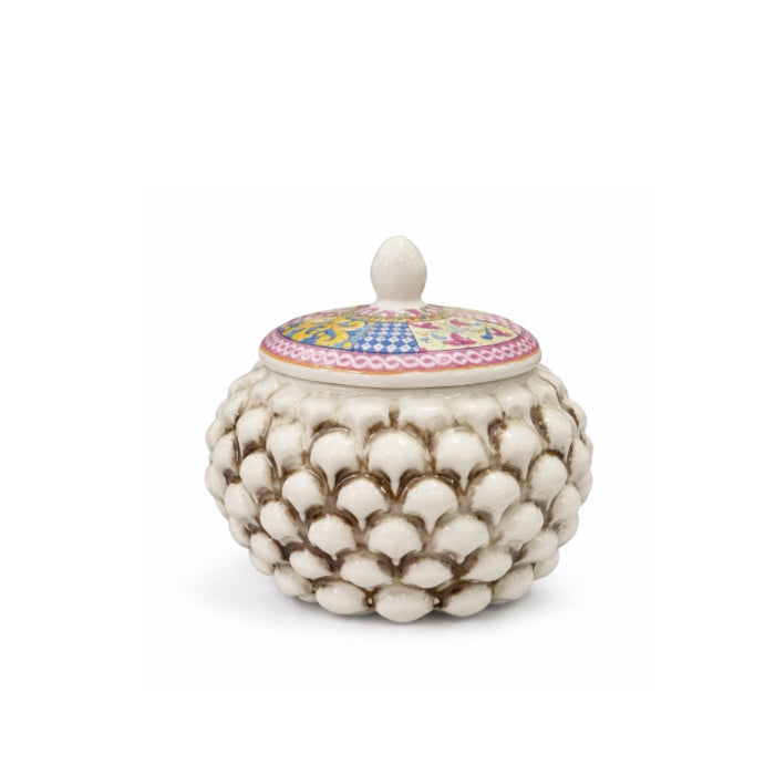 Cartoleria 4+1 - Decorazione - Barattolo Pigna Siciliana in Ceramica Bianca Decorata | Contenitore Artigianale Elegante - Made in Sicily