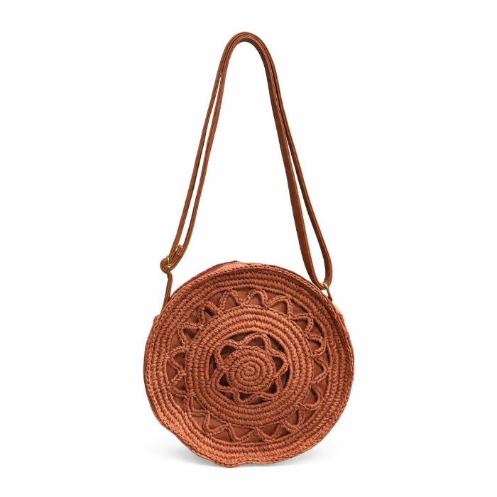 Cartoleria 4+1 - Disco Rustico - Borsa Rotonda Intrecciata con Motivo Mandala | Terracotta
