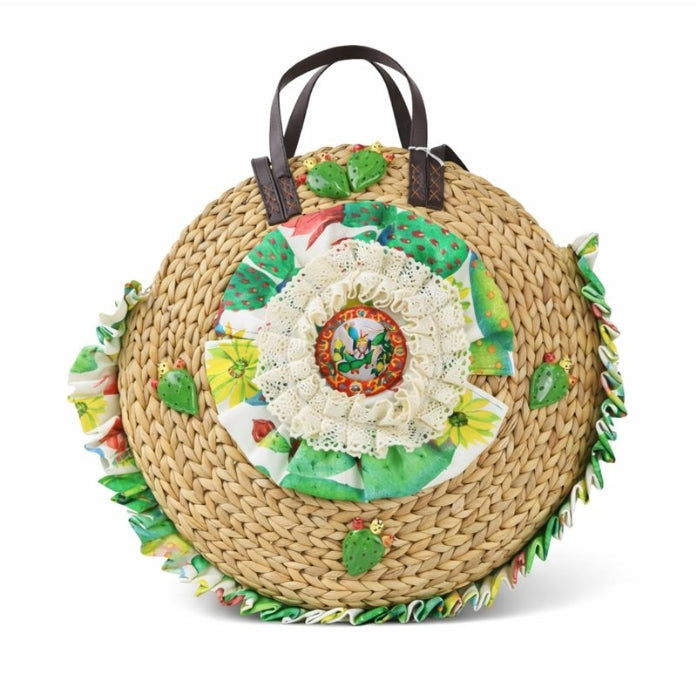 Cartoleria 4+1 - Ficurinia - Borsa Rotonda in Paglia decorata - Stile Siciliano