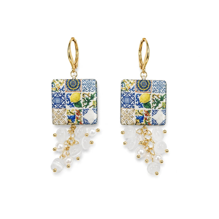 Cartoleria 4+1 - Orecchini Maiolica Siciliana con Perle Pendenti | Orecchini Artigianali Eleganti Donna