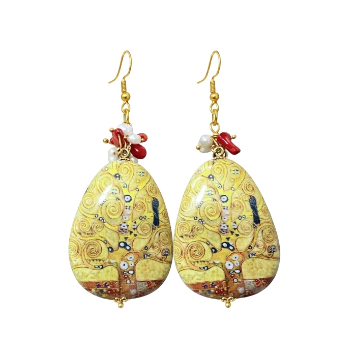 Cartoleria 4+1 - Orecchini Pendenti - Goccia in Ceramica | Decorata Albero della Vita con Perline e Corallo