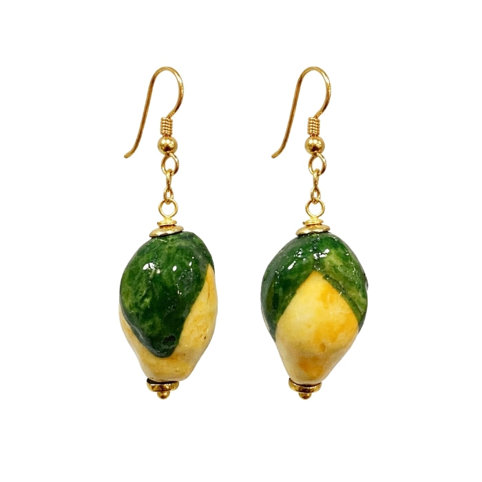 Cartoleria 4+1 - Orecchini Pendenti - Limone in Ceramica Smaltata Verde e Giallo | Artigianali con Gancio Dorato