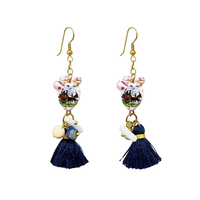 Cartoleria 4+1 - Orecchini Pendenti - Pala Fico d’India in Ceramica Decorata Carretto Siciliano con Nappa Blu | Artigianali