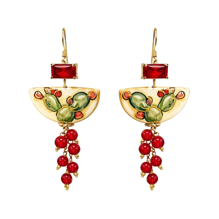 Cartoleria 4+1 - Orecchini Pendenti Fico d’India Siciliano - Cristallo Rosso e Corallo | Stile Mediterraneo Elegante